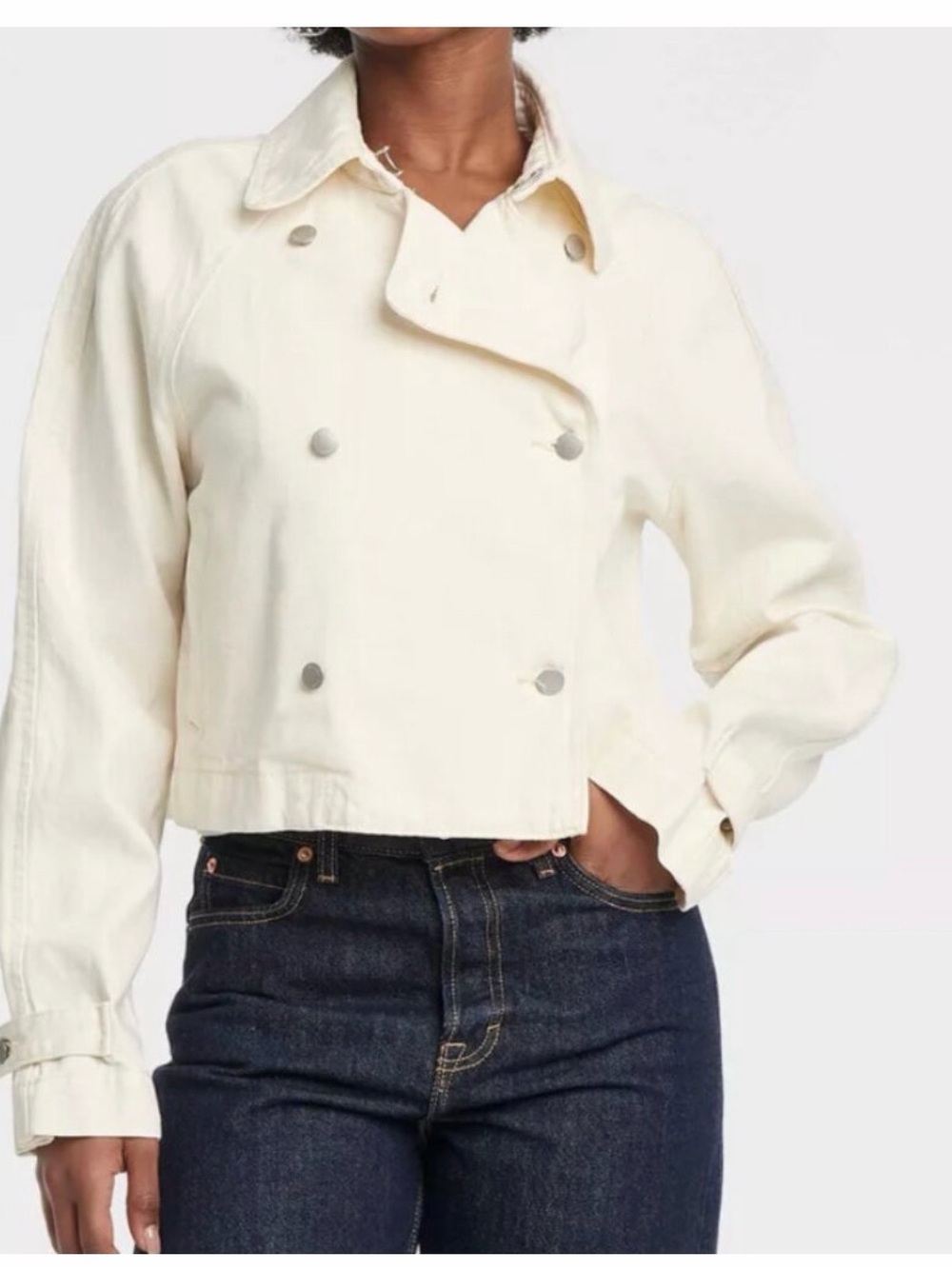 Threshold Cream Double-Breasted Cropped Trench Jacket
